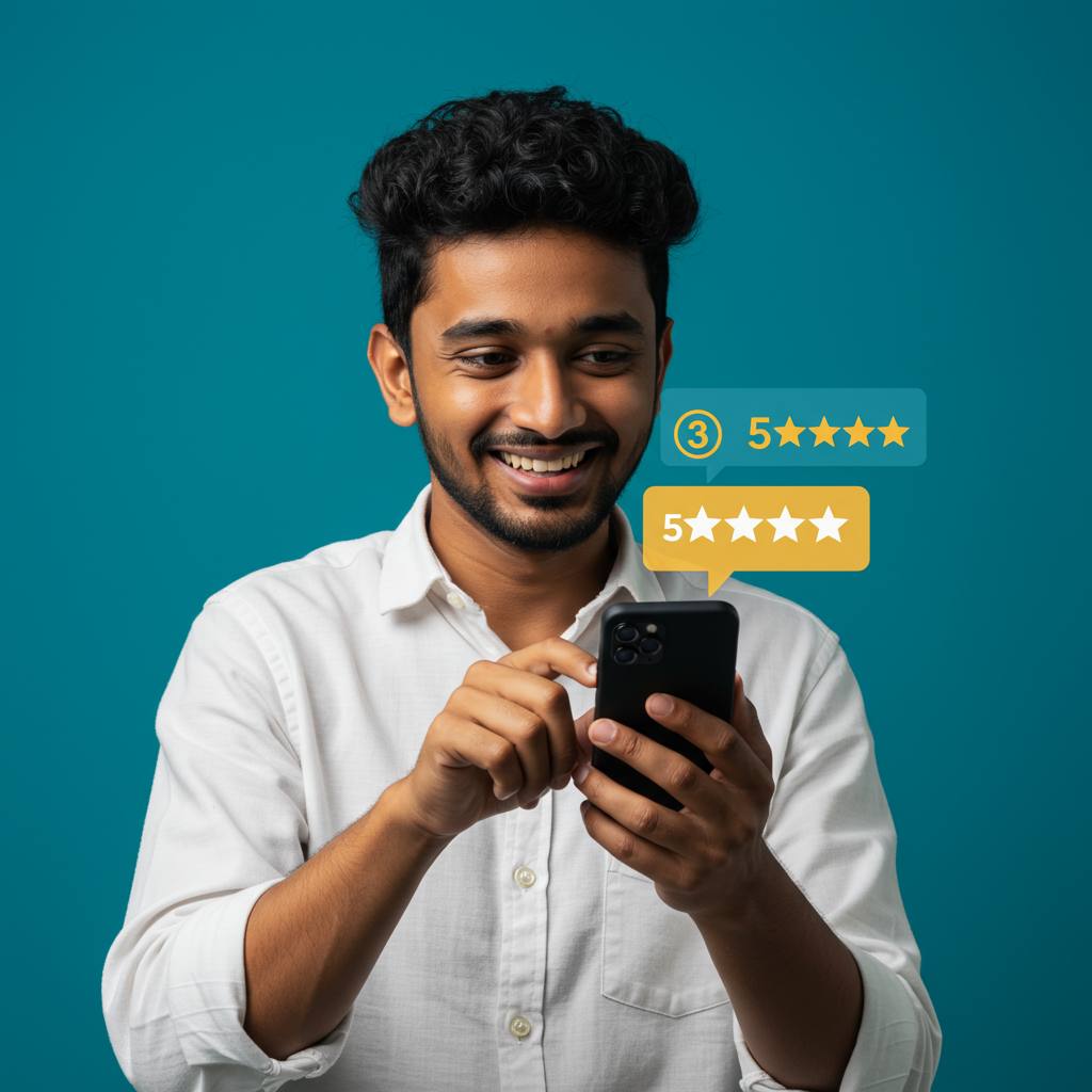 a man smiling and holding a phone and giving review to our website.